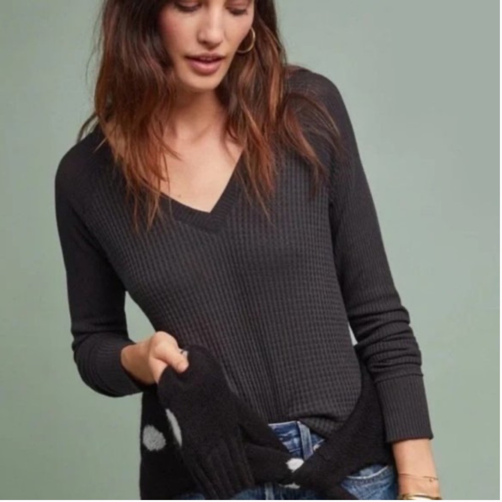 Maeve Anthropologie ‘Pearson’ Waffle-Knit V-Neck Tee Shirt Women’s XXS Black